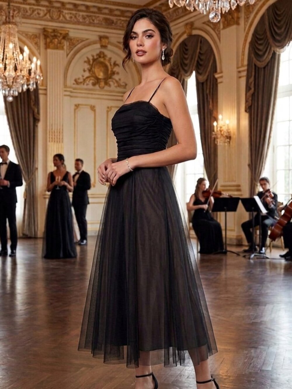 Jessica Howard Evenings Black Ruched Mesh Tea Length Cocktail Dress 4 USA